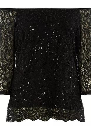 Черная кружевная блуза с открытыми приспущенными  плечами с мелкой блестящей пайеткой3 фото