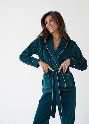 Костюм домашний велюр шаль 2-ка штаны и жакет зелёный