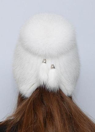 Женская зимняя вязаная норковая шапка бубон-разрез белый3 фото