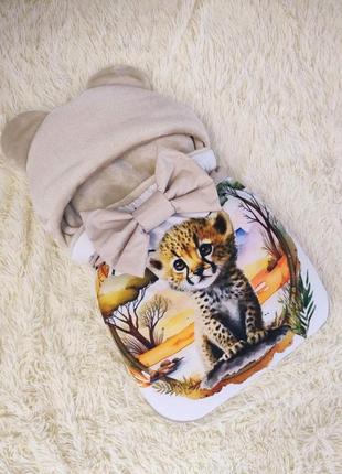 Спальник для новорожденных, плащевая ткань на махре, принт леопард
