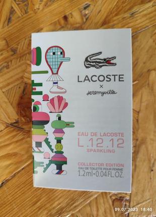 Пробник eau de lacoste l.12.12 sparkling collector's edition for women x jeremyville lacoste fragrances, france, 1,2 ml, оригінал1 фото