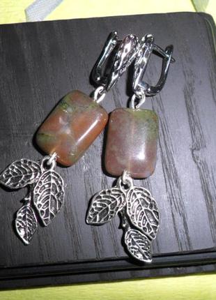 Оригінальні сережки з натуральною моховою яшмою, натуральний камінь, handmade1 фото