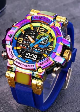 Чоловічий наручний спортивний годинник stryve (синій), водонепроникний, з календарем, будильником, підсвічуванням.