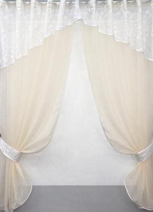 Елегантні фіранки на кухню, балкон (290х170см) з ламбрекеном. колір бежевий