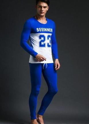 Термобелье мужское хлопок seeinner трикотажный спортивный термо комплект (кальсоны + кофта) синего цвета