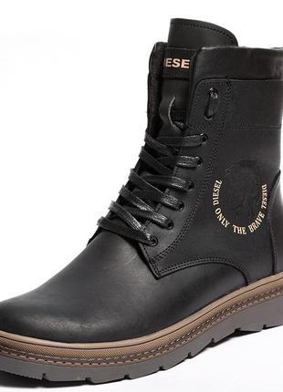 Ботинки мужские кожаные зимние diesel cassidy combat black marble2 фото