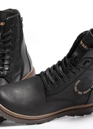 Ботинки мужские кожаные зимние diesel cassidy combat black marble3 фото