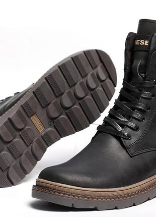 Ботинки мужские кожаные зимние diesel cassidy combat black marble9 фото