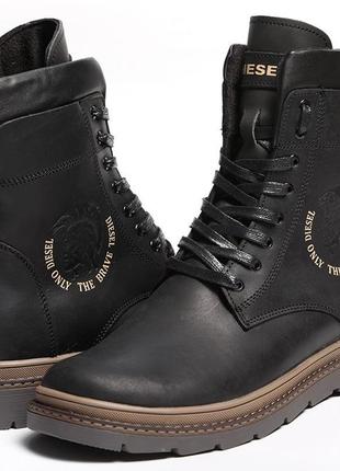 Ботинки мужские кожаные зимние diesel cassidy combat black marble10 фото