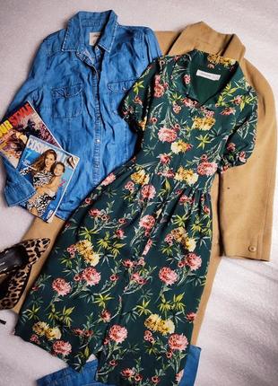 The editors market платье рубашка на пуговицах миди зеленое в цветочный принт