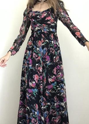Винтажное длинное платье y2k макси черная в цветочек1 фото