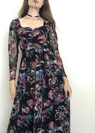 Винтажное длинное платье y2k макси черная в цветочек2 фото