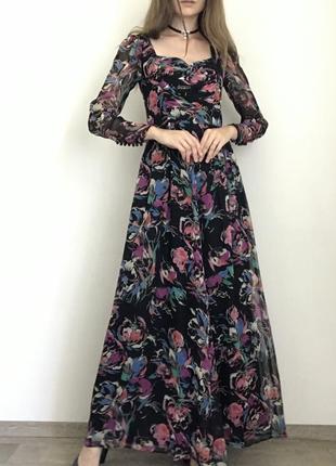 Винтажное длинное платье y2k макси черная в цветочек3 фото