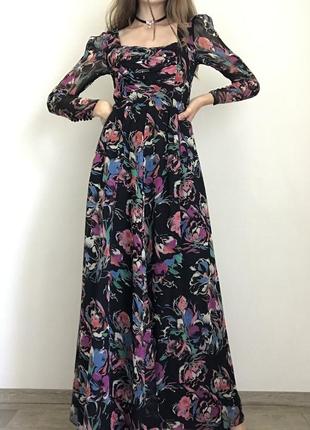 Винтажное длинное платье y2k макси черная в цветочек10 фото