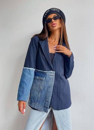 Женский пиджак в полоску с джинсовыми вставками, комбинированный жакет турция4 фото