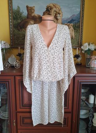 Шифонова асиметрична блуза з широкими рукавами та шлейфом в горошок2 фото