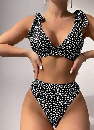 Shein купальник высокая посадка высокие плавки трусики новый цветочный принт черный в белые цветочки размер l