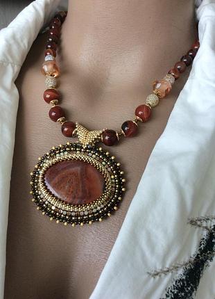 Вечерний крупный кулон, чокер колье, подвеска, украшение на шею из натурального камня,...