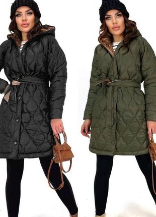Зимнее стеганое пальто, куртка с капюшоном и поясом. плащевка на силиконе. зимнее стеганое пальто1 фото
