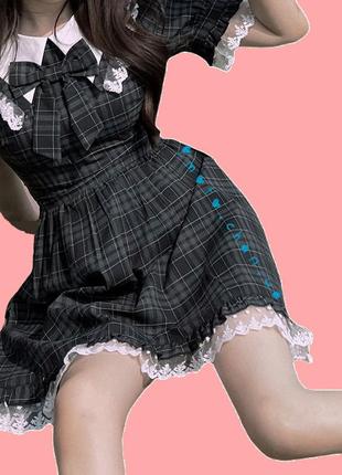 Японское платье лолита babydoll бейбидолл долл с кружевом рюшами с в клетку клетчатое бантиком1 фото