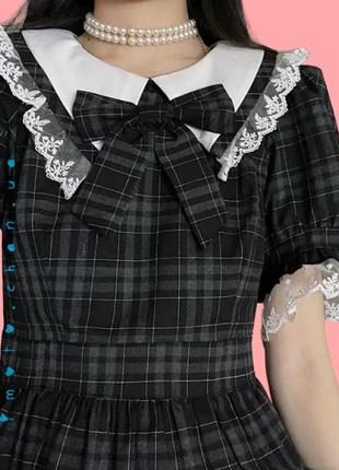 Японское платье лолита babydoll бейбидолл долл с кружевом рюшами с в клетку клетчатое бантиком2 фото