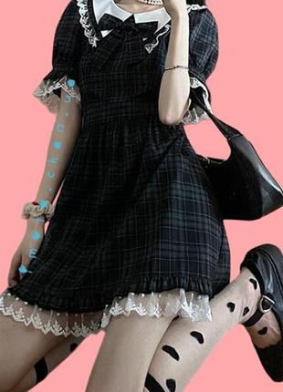 Японское платье лолита babydoll бейбидолл долл с кружевом рюшами с в клетку клетчатое бантиком3 фото