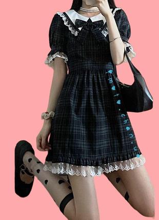 Японское платье лолита babydoll бейбидолл долл с кружевом рюшами с в клетку клетчатое бантиком5 фото