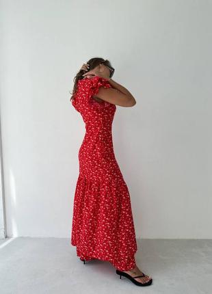 Стильное классическое классное красивое хорошенькое удобное модное трендовое простое платье серое красное в цветочный принт качественное макси длинно3 фото