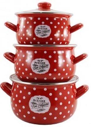 Набор эмалированный 3-пр bon appetit красный в горох (2.1л 3.1л 4л)
