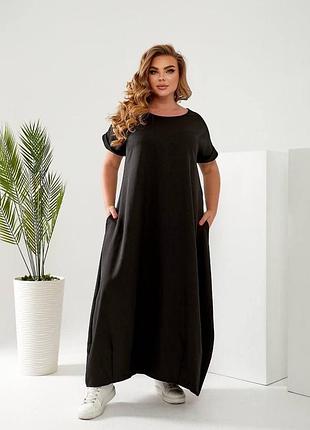 Льняное платье в стиле бохо черный р. 50-56