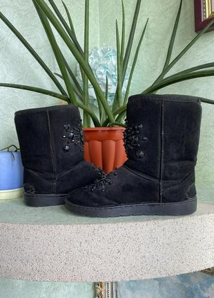 Женские теплые зимние угги угги угги из эко замши валянки черные с бусинами вышитые...