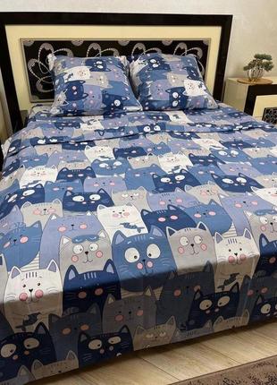 Семейный комплект постельного белья бязь gold натуральный прайд котики голубого цвета