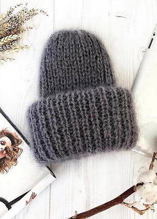 Тепла шапка з мохеру в 2 нитки