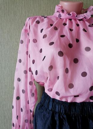 🌹полупрозрачный топ в стиле ретро 🌹пильно - рожева напівпрозора блуза в горох