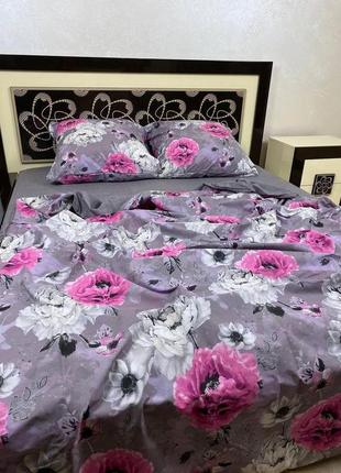 Семейный комплект постельного белья бязь gold натуральный двухсторонний атакама цветы серого цвета