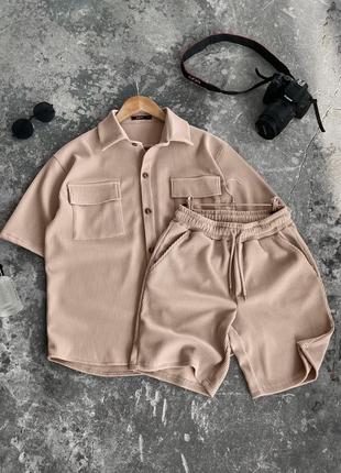 Новинка! діловий літній чоловічий преміум комплект рубчик сорочка з короткими рукавами і кишенями + шорти якісний костюм