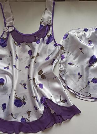 Атласный ночной комплект шорты с майкой. пижама.1 фото