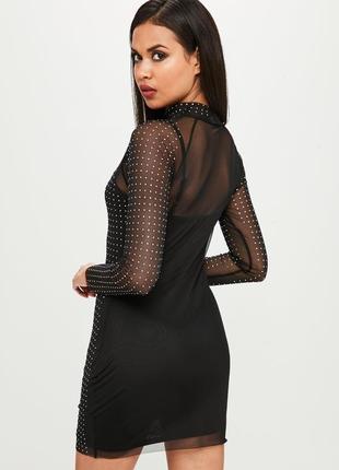 Черное платье сеточка прозрачное мини со стразами и длинными рукавами3 фото