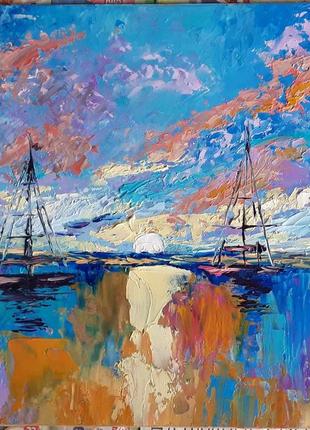 Картина маслом, масляными красками море, яхты 20х25,5 см на подарок1 фото