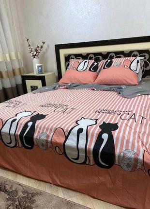 Полуторный комплект постельного белья бязь gold натуральный двухсторонний черный и белый кот розового цвета