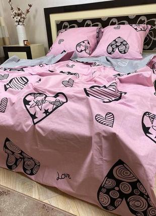 Двуспальный комплект постельного белья бязь gold натуральный двухсторонний ферро сердца серо - розового цвета2 фото