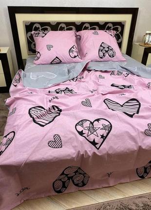 Двуспальный комплект постельного белья бязь gold натуральный двухсторонний ферро сердца серо - розового цвета3 фото
