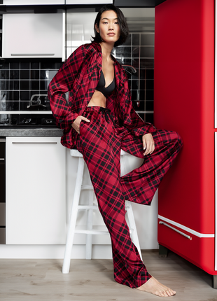 Сатинова довга піжама у клітинку червона victoria's secret satin long pj set