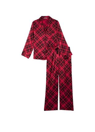 Сатиновая длинная пижама в клетку красная victoria's secret satin long pj set3 фото