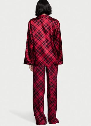 Сатиновая длинная пижама в клетку красная victoria's secret satin long pj set2 фото
