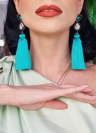 Элегантные серьги кисточки "mellissa" женские бирюзовые ручной работы