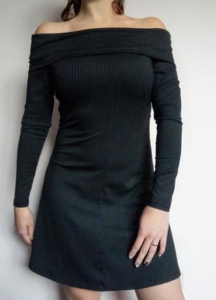 Плаття h&m/ little black dress/ коктейльное черное платье в рубчик с открытыми плечами