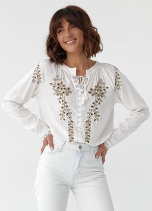 Стильная женская белая блуза с вышивкой, рубашка вышитая, вышиванка-женская одежда на лето