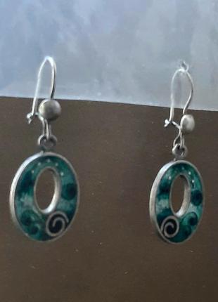 Винтажные антиквание старинные серебряные серьги с эмалью клеймо серебро 800 крупнобритания10 фото