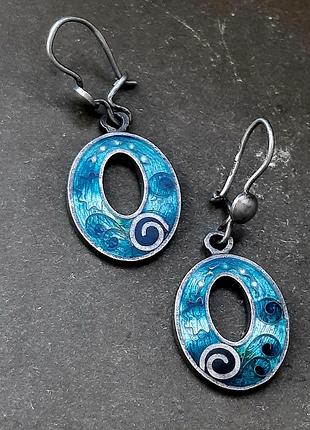 Винтажные антиквание старинные серебряные серьги с эмалью клеймо серебро 800 крупнобритания3 фото